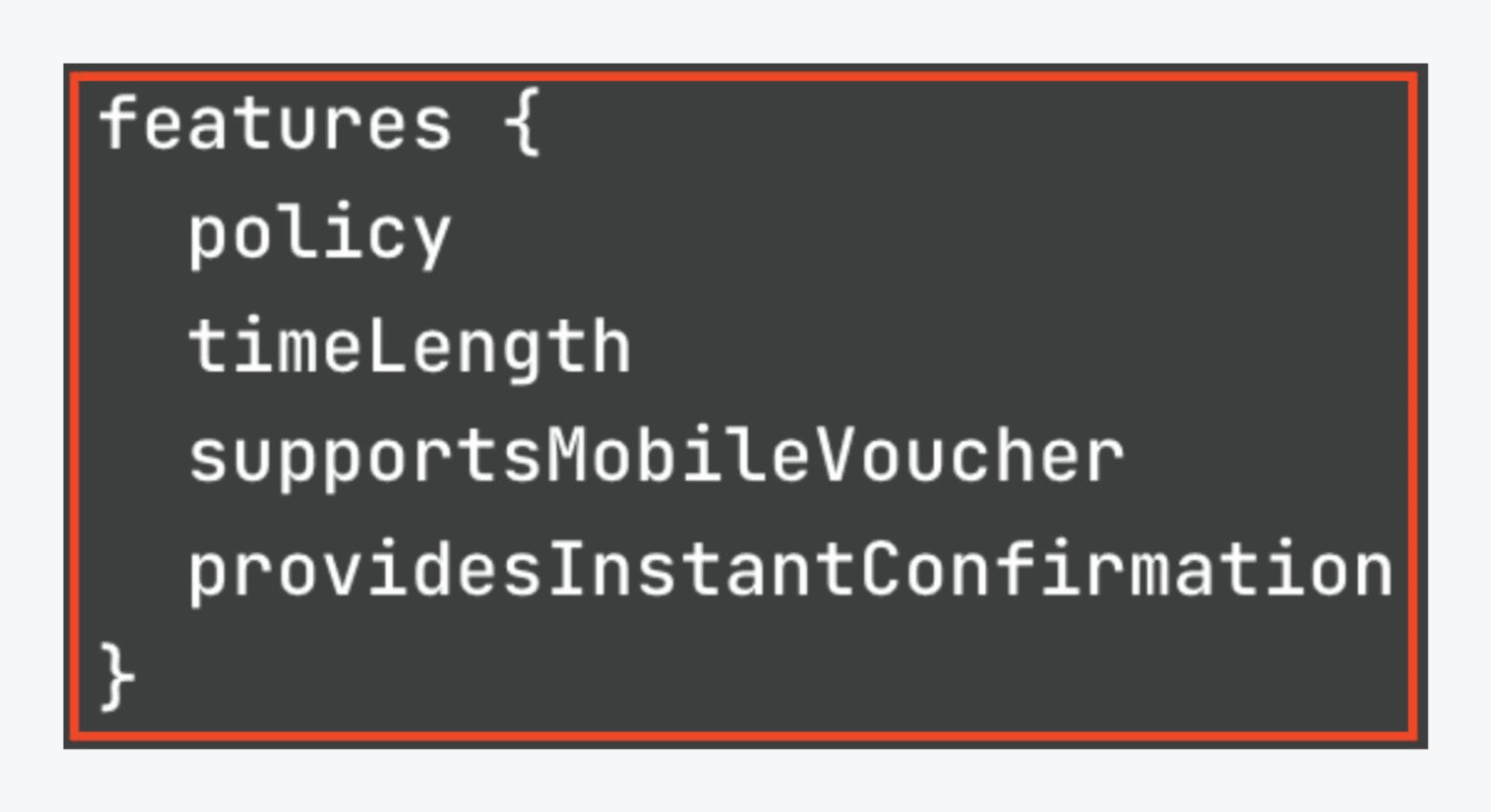 GraphQL code snippet showing the Activity overview features field with overly constrained sub-fields — policy, timeLength, supportsMobileVoucher, and providesInstantConfirmation — highlighted in red as an example of problematic schema design