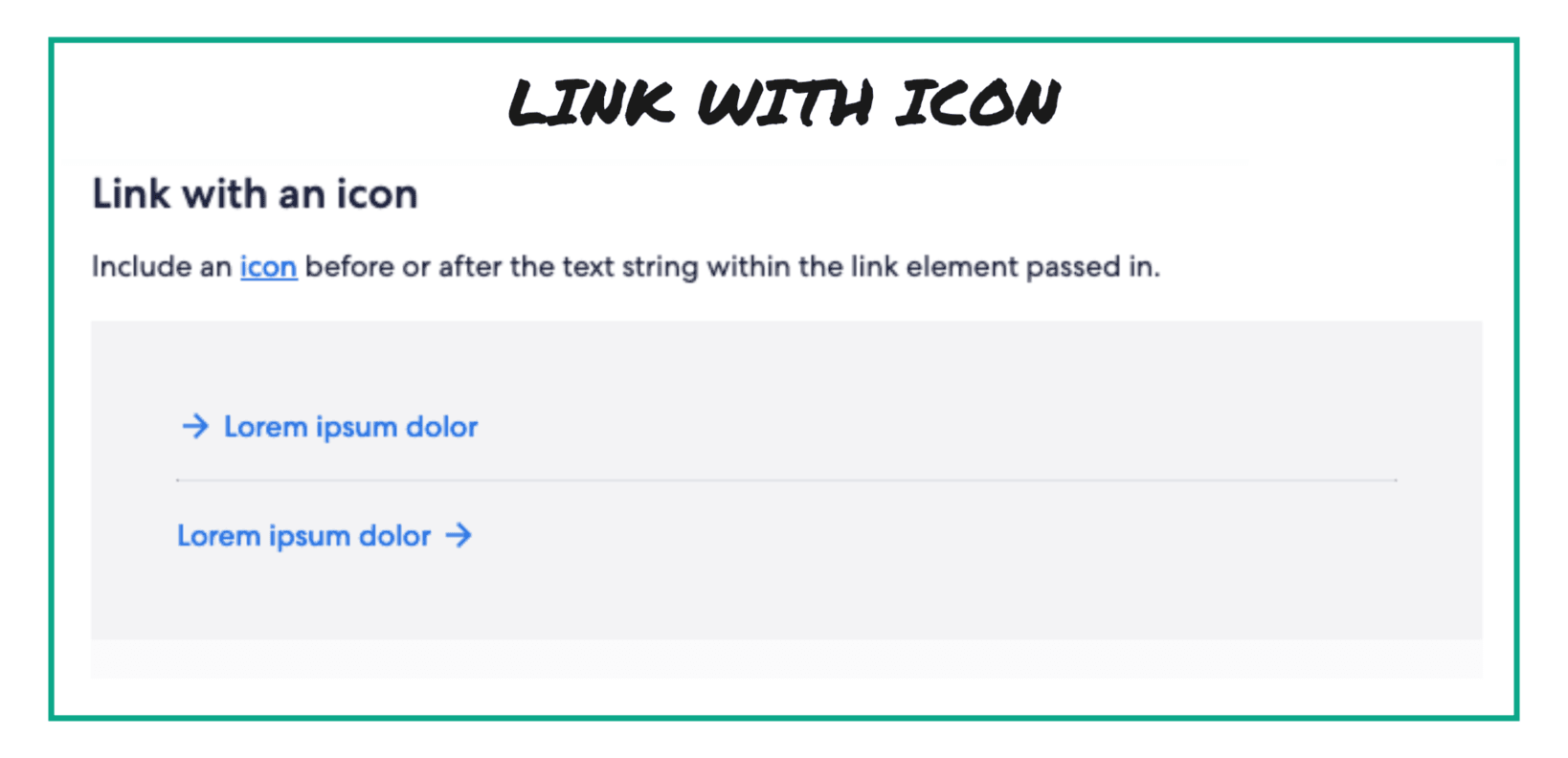 The Link with Icon atomic component from the Expedia Group design system, showing two example links with arrow icons and the component description